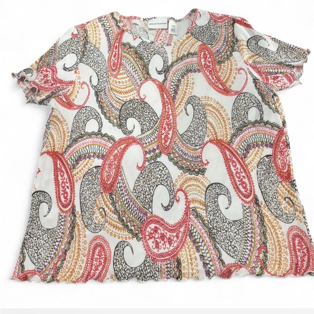Alfred Dunner Womens Medium Paisley Plisse Pleated Short Sleeve Top Multicolor